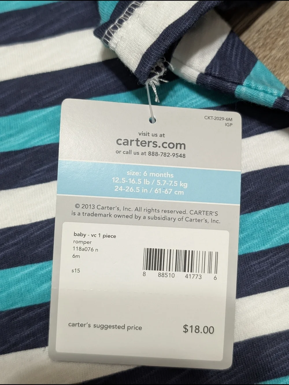 Carter's Teal, Navy & White Striped Short-Sleeve Romper Baby Boy 6M 100% Cotton